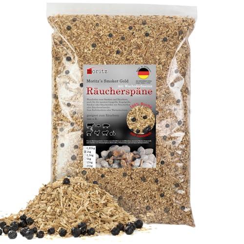 Moritz 1 kg de virutas de ahumar haya con enebro fino 0,75-2 mm para ahumar en frío de pescado, carne, salchichas, queso, verduras, también para barbacoa, serrín ahumado