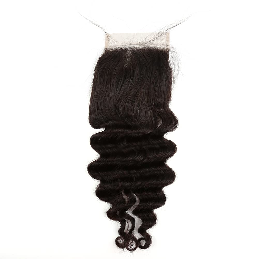 Brazilian Virgin Human Hair Lace Closure loose Deep Hair Weave Human Hair Pieces Top Closures with Baby Hair 100% Unprocessed Human Hair Natural Black Color 4x4 inch Free Part 14inch