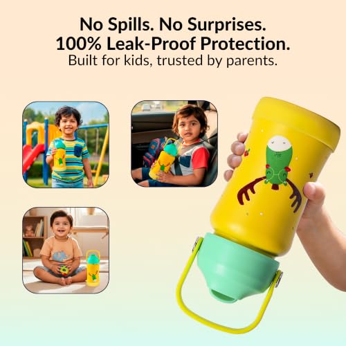 Image of Rabitat Steel Play Personalized Kids Stainless Steel Water Bottle 450ml | 2 Year Warranty | Leakproof Sipper, Soft Silicone Spout, Flip-Lock Cap & Handle, BPA-Free 18 /8 SS, Anti-Skid Base, Coolest Kid