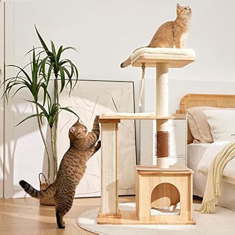 Erivc Natural Solid Wooden Cat Tree for Large/Small Cats, Cat Tower with Natural Sisal Scratching Post, Cat Condo & Top Perch, Funny Tickler Cover