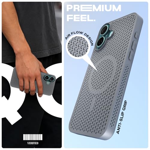 Image of Pikkme Back Cover for iPhone 16 | Honeycomb Cooling Design | Silicone Heat Dissipation | Mag-Safe Compatible | Shockproof Camera Protection Bumper Case (Grey)