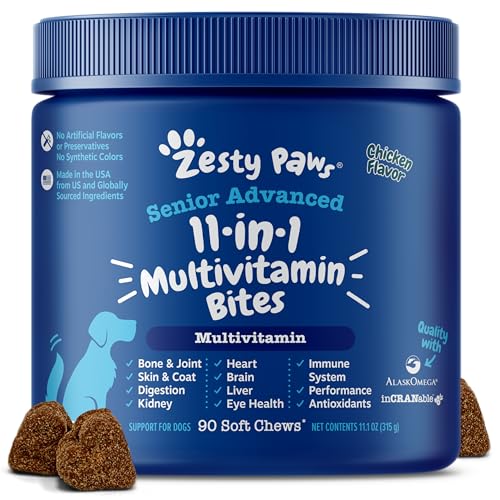 Zesty Paws Senior Dog Multivitamin Treats - Glucosamine for Dogs + Digestive Enzymes & Probiotics - Grain Free Dog Vitamins and Supplements for Skin & Coat + Immune Health Chicken - Advanced - 90ct