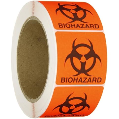 Roll Products 142-0011 Round Cornered Permanent Adhesive Biohazard Warning Label with Black Imprint, Legend "Biohazard" (with Logo), 2" Length x 2" Width, for Identifying and Marking, Fluorescent Red/Orange (Roll of 500) Cover