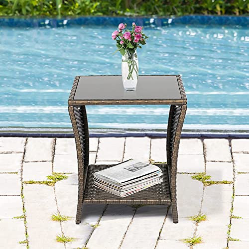 Sangsan Outdoor Patio Rattan Side Table - Pe Wicker End Table With Storage Indoor Tempered Glass Top Coffee Table For Garden Balcony Terrace Courtyard #TOP7