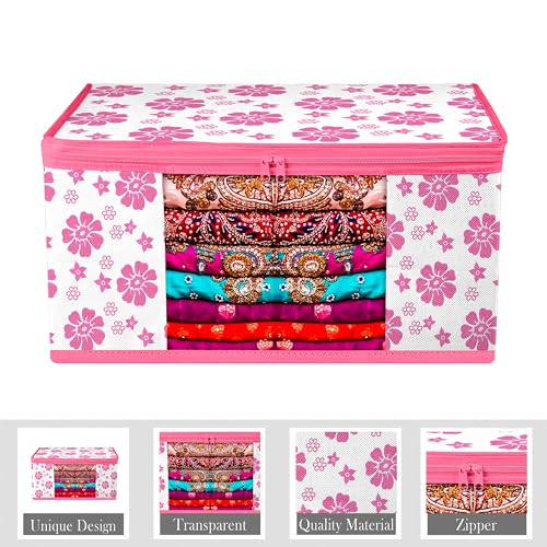 Image of Kuber Industries Zip Closure Saree Cover Bag | Clothes Storage Bag | Wardrobe Organiser | Transparent Window| Flower-Design | 9 inch | Pack of 3 | Pink