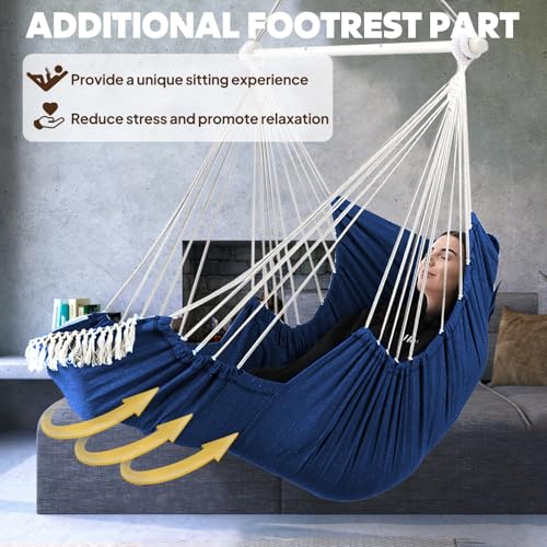 Image of Chihee Hammock Chair Foot Rest 2 Cushions Max 500lbs Metal Spreader Bar | Robust Hanging Chair Soft Cotton Blended Swing Collapsible Easy Storage Strong Strap Iron Carabiner Pocket Indoor Outdoor