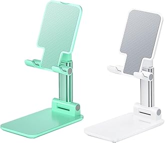 OGMAPLE 2 Pcs MT-6 Cell Phone Holder, Adjustable Angle and Height, Anti-Slip Silicone Pad, Foldable and Portable, Compatible with 4-8 Inch Devices(Green+White)