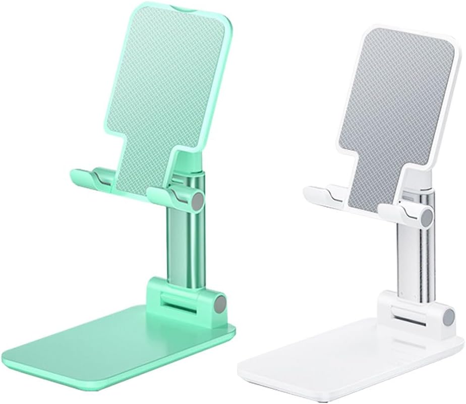 2 Pcs MT-6 Cell Phone Holder, Adjustable Angle and Height, Anti-Slip Silicone Pad, Foldable and Portable, Compatible with 4-8 Inch Devices(Green+White)