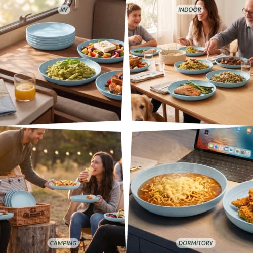 Image of Homienly Wheat Straw Deep Plates 9 Inch Unbreakable & Lightweight Plastic Dinner Plates Alternative for Dessert, Sandwich 8 PCS Microwave & Dishwasher Safe Reusable Plate for Camping, RV-Light Blue