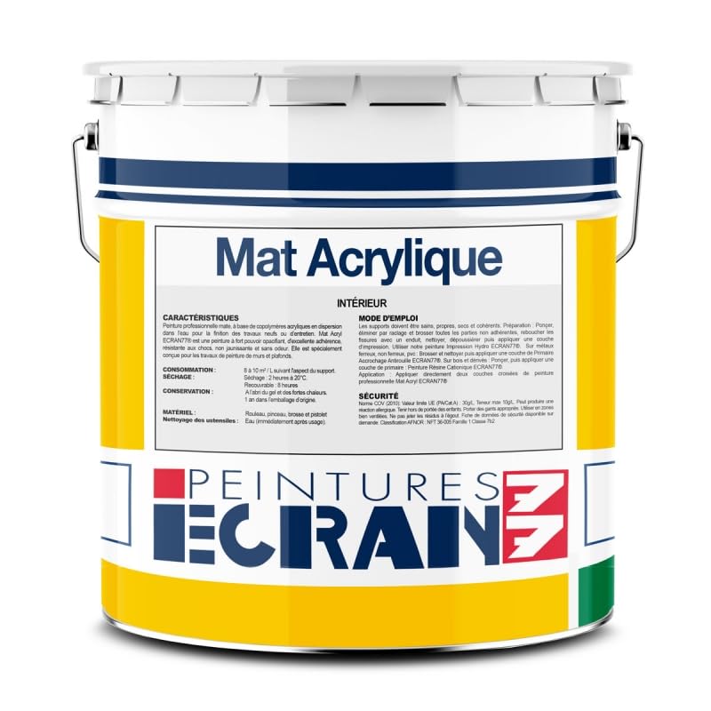 Peinture professionnelle mat, mur et plafond, intérieur, peinture opacifiante, sans odeur, Mat Acrylique ECRAN 77 4 litres