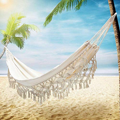 Boho Large Brazilian Macrame Double Hammock Swing Bed with Carry Bag for Patio,Bedroom, Yard, Beach, Indoor, Outdoor & Wedding Party Decor, White(Beige) Party