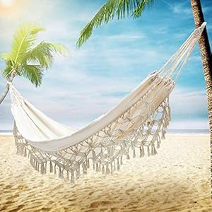 Boho Large Brazilian Macrame Double Hammock Swing Bed with Carry Bag for Patio,Bedroom, Yard, Beach, Indoor, Outdoor & Wedding Party Decor, White(Beige) Party