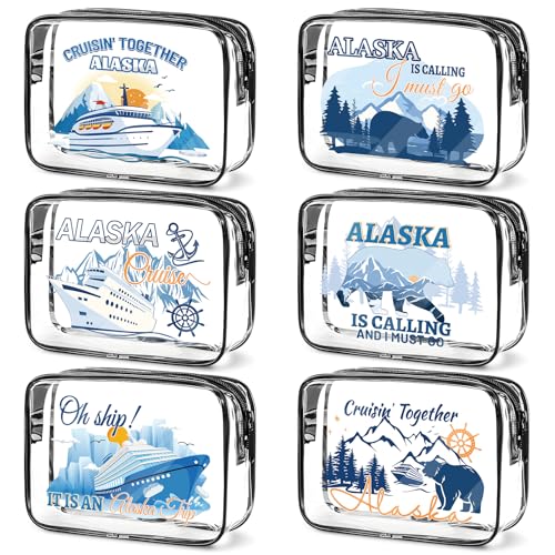 Falueqg Alaska Cruise Essentials, 6Pcs Clear Alaska Cruise Makeup Bags, Waterproof PVC Cosmetic Bag with Zipper Pouch, Alaskan Travel Must Haves, Alask Cruising Souvenirs Gifts for Women Girls
