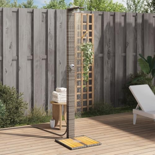 ACAGALA Ducha de jardín, 50 x 55 x 224 cm, polirratán, ducha exterior para jardín con placa de suelo de madera, ducha de terraza para piscina, muebles de jardín, muebles de terraza, gris