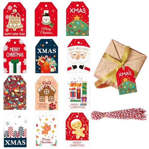 yolzhxe 48 peças etiquetas presente Natal, etiquetas natalícias com cordas, pendentes pré-perfurados cartões, para decoração natalícia, DIY presentes de artesanato