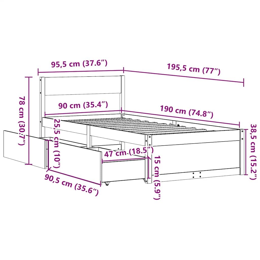 vidaXL Giroletto Cassetti Marrone Cera 90x190cm Legno Massello di Pino, Telaio Letto, Base Letto, Letto in Legno, Struttura Letto, Letto