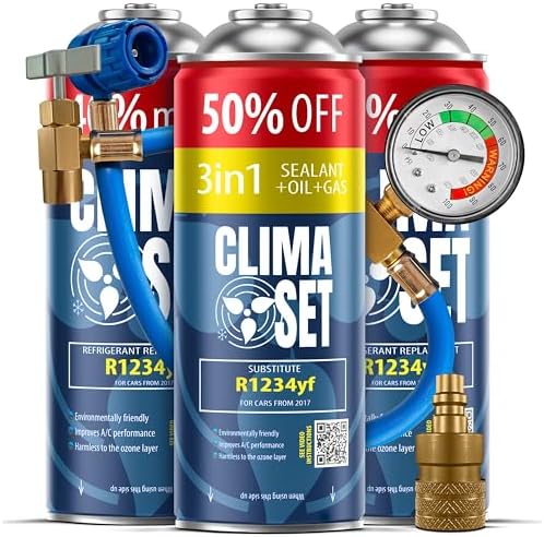 ClimaSet R1234yf air conditioning recharge + 3in1 r1234yf air conditioning gas - 3x235 g with hose, pressure gauge and HP/LP adapter - Car air conditioner - Car air conditioning recharge - ECO