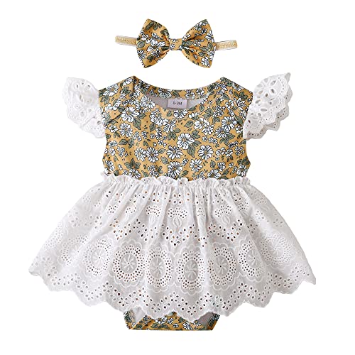 Image of Mikrdoo Newborn Baby Girl Clothes Romper Ruffle Sleeve Baby Girl Romper with Headband Infant Girl Outfit 3-6 Months Baby Girl Clothes Yellow White