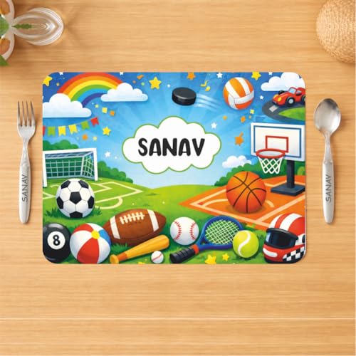 Image of Customized Table Mat with Name & Design Engraving | Personalized Dining Mat with Spoon & Fork | Customized Birthday Gift for Kids (Football)
