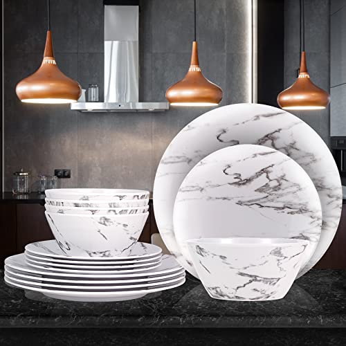 Cuaeibey Melamine Dinnerware Set-12 Piece Unbreakable Dinner Dishes Set Service For 4 Bpa-Free Dishwasher Safe Plates And Bowls Sets Camping Dish Set For Indoor Outdoor Dining Party Rv （White Marble） #TOP1