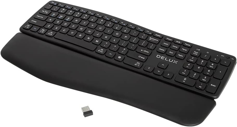 DELUX Teclado Ergonómico Inalámbrico Delgado con Reposamuñecas Extraíble, Conexión de BT 3.0/5.0 y 2.4G, 106 Teclas, Escritura Natural para Reducir el Dolor de Manos y el Túnel Carpiano (GM908CV)