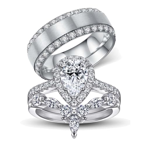 Luxury Couple Rings White Gold Plated 925 Sterling Silver Ring Pear 1CT AAAAA CZ Women Wedding Ring Sets Men Titanium Steel Ring