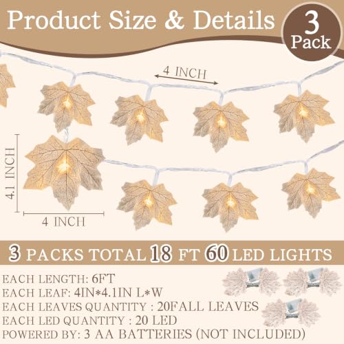 3PCS Fall Maple Leaf Garland Lights 18FT 60LED Thanksgiving Decor - image 2