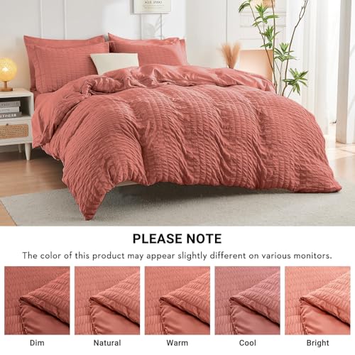 Image of HYMOKEGE Coral King Size Comforter Set Seersucker 7 Pieces, All Season Luxury Bed in a Bag for Bedroom, Bedding Set with Comforter, Sheets, Pillowcases & Shams