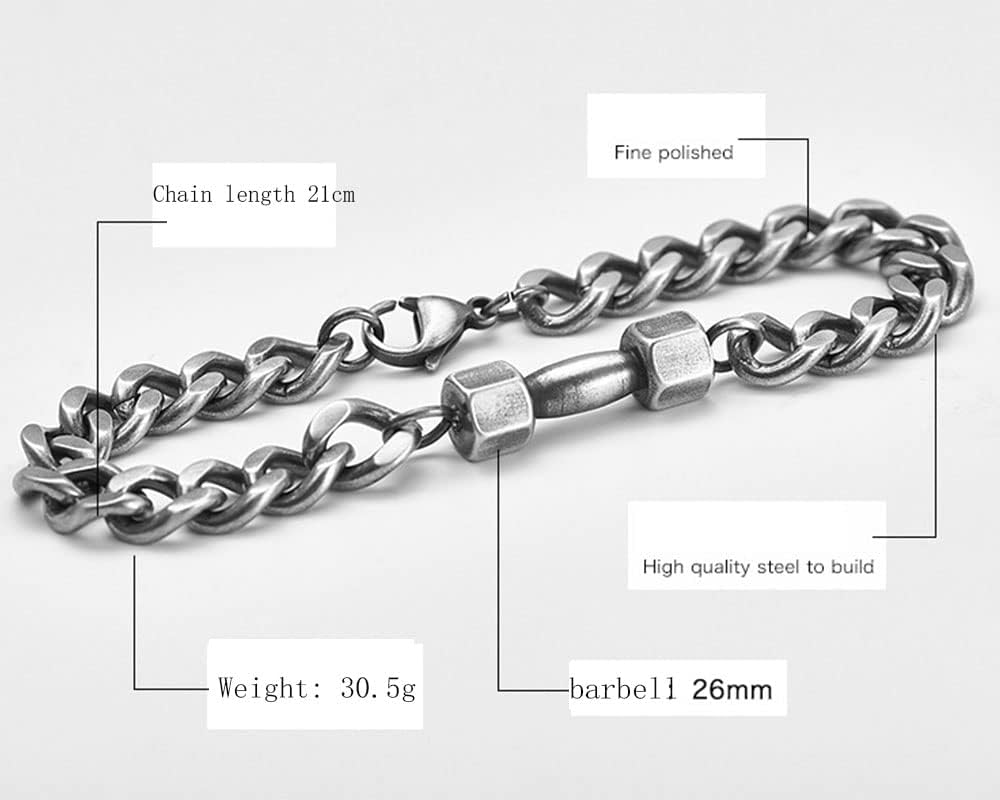 Traintough Dumbbell Bracelet, Stainless Steel Cuban Link Gym Bracelet for Men, Gym Gifts for Him