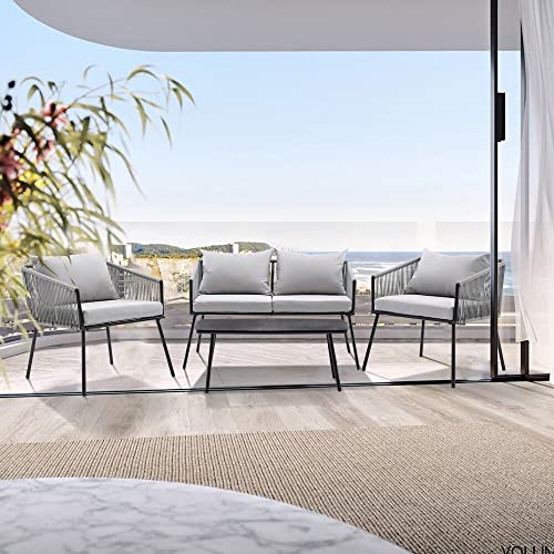 Image of DEVOKO Patio Furniture Set, 4 Pieces Porch Backyard Garden Outdoor Furniture Rope Sofa Set and Table Conversation Set in Grey Color