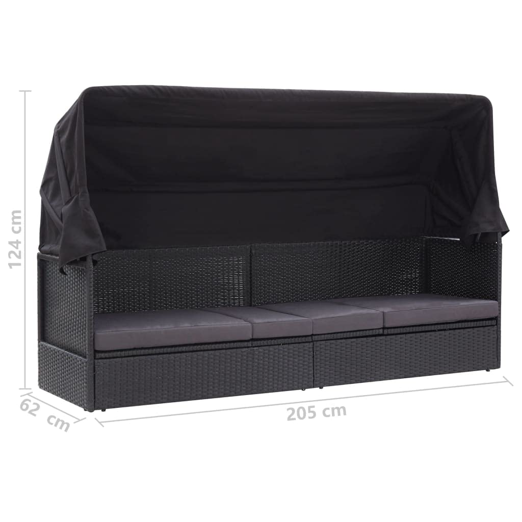 Sofa do patio, meble ogrodowe, leżak do opalania na balkon, z daszkiem przeciwsłonecznym, polirattan, czarny, leżak ogrodowy na taras, taras i basen
