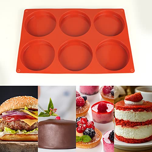 2 Pcs Large Silicone Molds For Baking, 6-Cavity Round Silicone Baking Mold, Non-Stick 4” Baking Disc Molds For Whoopie Pie, Egg Pan,Muffin, Candy, Soap, Hamburger, Resin Coasters (Red) #TOP2