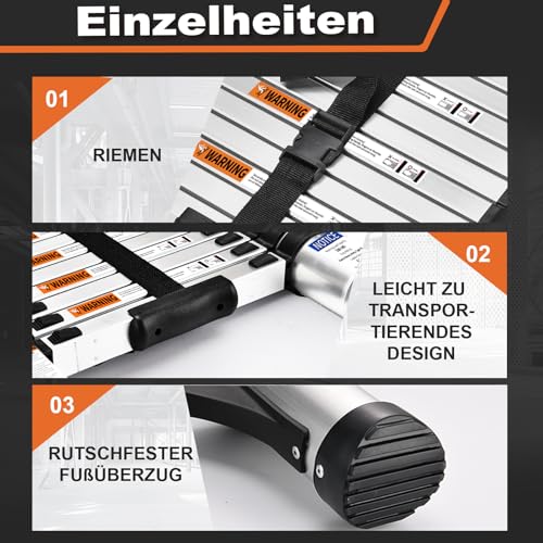 HBTower 2,6m Teleskopleiter Aluminium mit Haken, Leichte Ausziehleiter, Leiter Ausziehbar, klappbare Leiter für Dachböden, Caravans, 150kg Tragfähigkeit, Silber