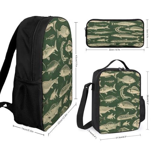 Retro Fish 3pcs Lightweight Travel Backpack Printed Backpack With Lunch Pack Storage Box Case2