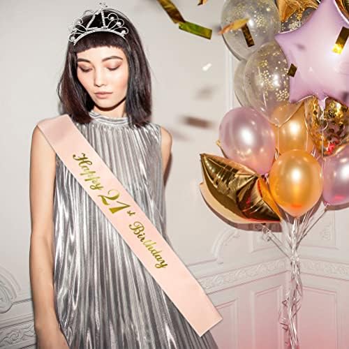 21st Birthday Tiara and Sash, Glitter Satin Sash and Crystal Crown Tiara for Girls Women 21st Birthday Gift Party Accessories