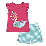 ChicNChic Toddler Baby Girls Summer Clothes Whale Print Top with Plaid Shorts Outfits Set (3T, Pink)