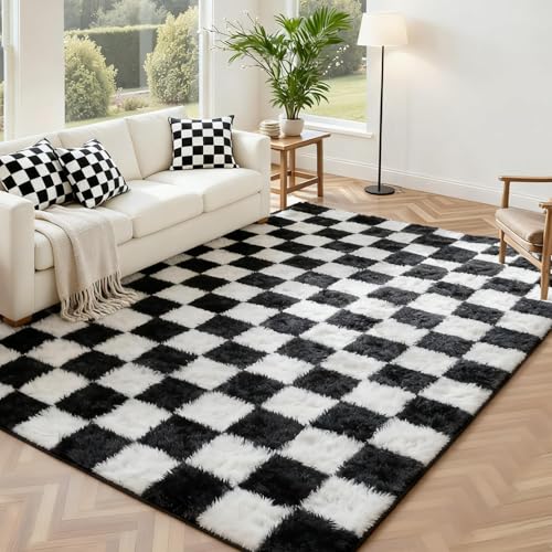 Image of Andency 5x7 Ft Black and White Area Rug for Living Room Classic Checkered Shaggy Rug Non-Slip High Pile Soft Fluffy Rug Fuzzy Carpet Bedroom Kids Toddler Room Nursery Playroom Bedroom