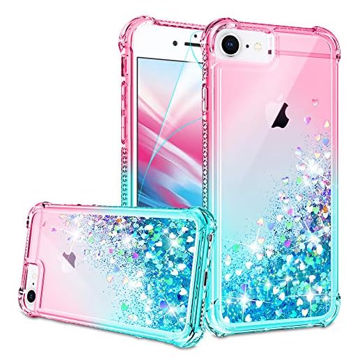 iPhone SE 2020 Case, iPhone 6/6S/7/8 Case with HD Screen Protector for Girls Women, Gritup Cute Clear Gradient Glitter Liquid TPU Slim Phone Case for Apple iPhone SE 2020/6/6S/7/8 Pink/Teal