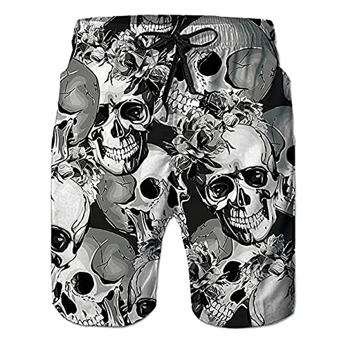 Troncos de natación para Hombre Pantalones Cortos de Calavera para Hombre Verano Playa Esqueleto Impreso Casual Corto Vintage Mezcla de algodón Tronco Cover
