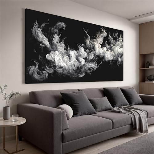 YISXINOAG Black White Abstract Wall Art Minimalist Smoke Painting 24"X48"