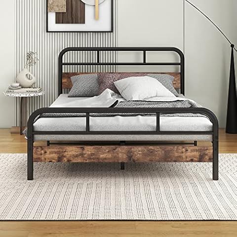 HOMERECOMMEND Full Size Bed Frame with Wood Headboard and Footboard Heavy Duty Metal Platform Bed Frame Solid and Stable No Box Spring Needed Strong Metal Slats Support, Black Rustic Brown Cover