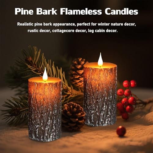 Image of Pine Bark Flameless Candles Set of 2, Christmas Candles with Remote & Timer