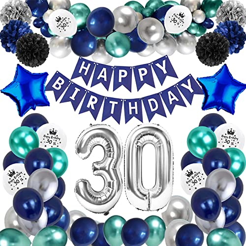 30. Geburtstag Deko Set - Blaue & Silberne Banner, Ballons & Girlanden Für Die Perfekte Party