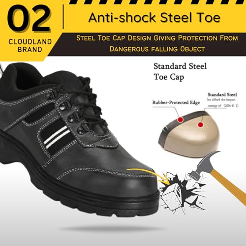 Image of Cloudland Black Leather Safety Shoes for Man | Light Weight Steel Toe, Anti-Slip, Waterproof, Industrial Use for Men | Comfortable for Construction Work's