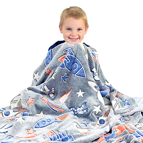 Space Blanket Glow In The Dark Luminous Astronaut Blanket For Kids - Soft Plush Star Space Ship & Planets Blanket Throw For Girls & Boys - Large 60In X 50In Glowing Starry Night Rocket Blankets Gift #TOP4
