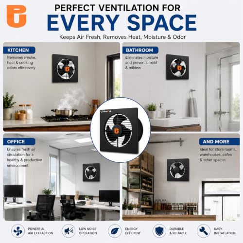 Image of 8 Inch Exhaust Fan for Kitchen, Bathroom, Office & Commercial Use | High Speed Ventilation Fan | Low Noise | Energy Efficient Motor | Rust Resistant Body | Easy Wall Mount (8 Inch Black)