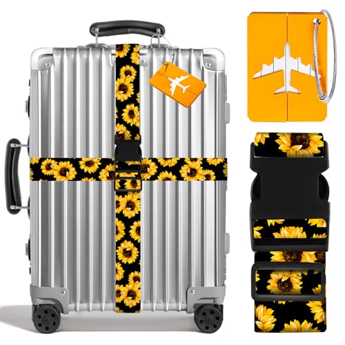2 Piezas Correa Maleta,con 2 Piezas Identificador de Maletas,Cinta Maletas Viaje,Ajustable,Viajes Accesorios para Equipaje (Gerbera)