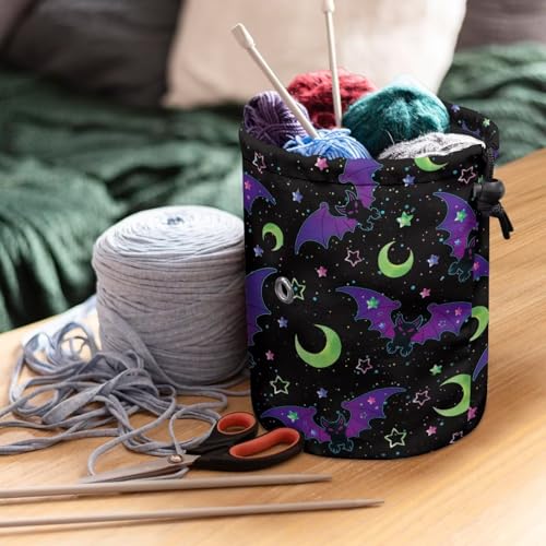 Image of Sellikakes Halloween Bats Moon Yarn Bag Crochet Storage Organizer with Drawstring, Crocheting Storage Bag Organizer Yarn Holder for Crocheting Project Store Skein Ball, Short Knitting Needle