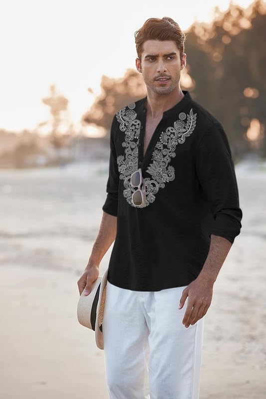 Image of FINIVO FASHION Men's Cotton Blend Short Kurta with Full Sleeves and Ethnic Neck Design | Casual Crinkle Texture Kurta with Mandarin Collar