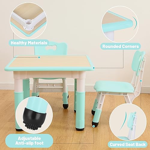 Image of FUNLIO Kids Table and 4 Chairs Set, Height Adjustable Toddler Table and Chair Set for Ages 3-8, Easy to Wipe Arts & Crafts Table, for Classrooms /Daycares /Homes, CPC & CE Approved (5-Piece Set) - Green